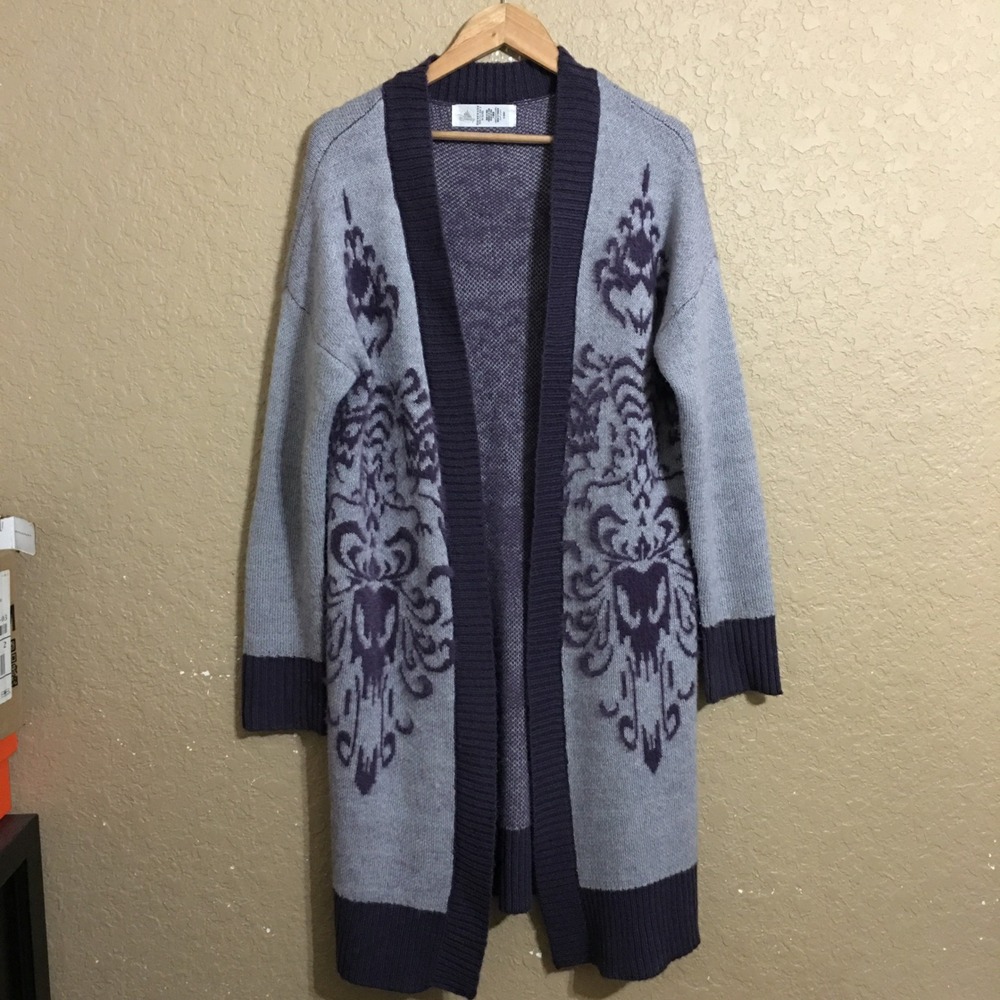 Disney Haunted Mansion Medium Cardigan Sweater Gray Purple Damask Long